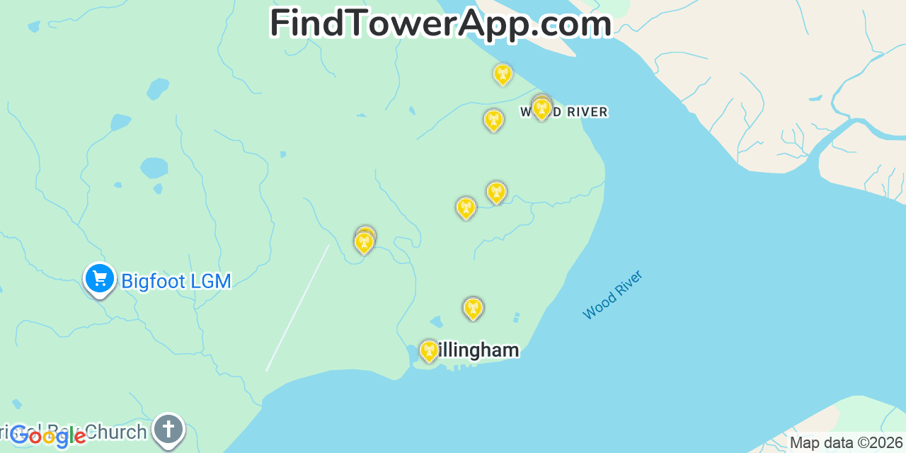 Map showing the 20 primary cell tower locations detected in Dillingham, Alaska from AT&T, Verizon, and T-Mobile networks