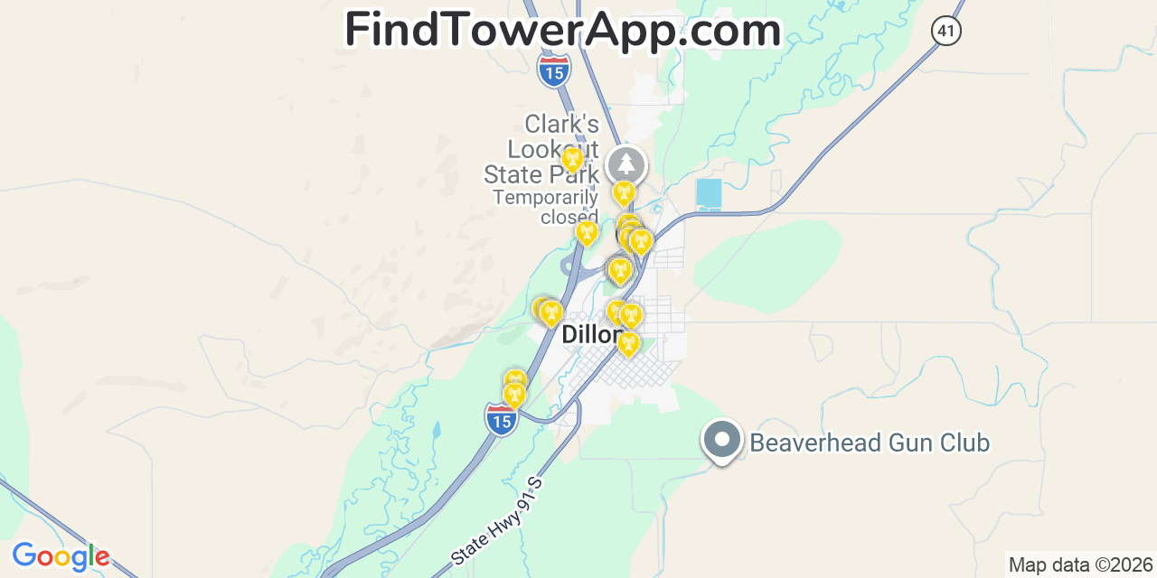 Map showing the 20 primary cell tower locations detected in Dillon, Montana from AT&T, Verizon, and T-Mobile networks