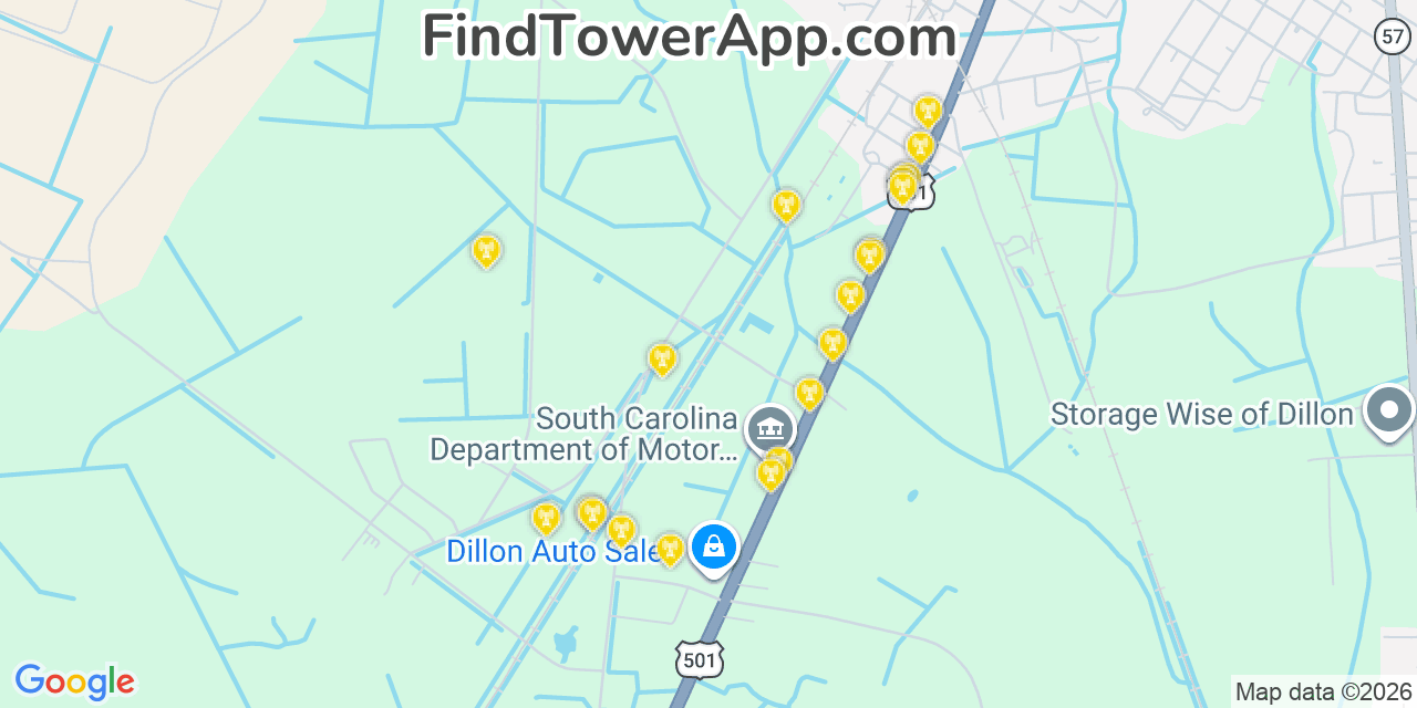 Map showing the 20 primary cell tower locations detected in Dillon, South Carolina from AT&T, Verizon, and T-Mobile networks