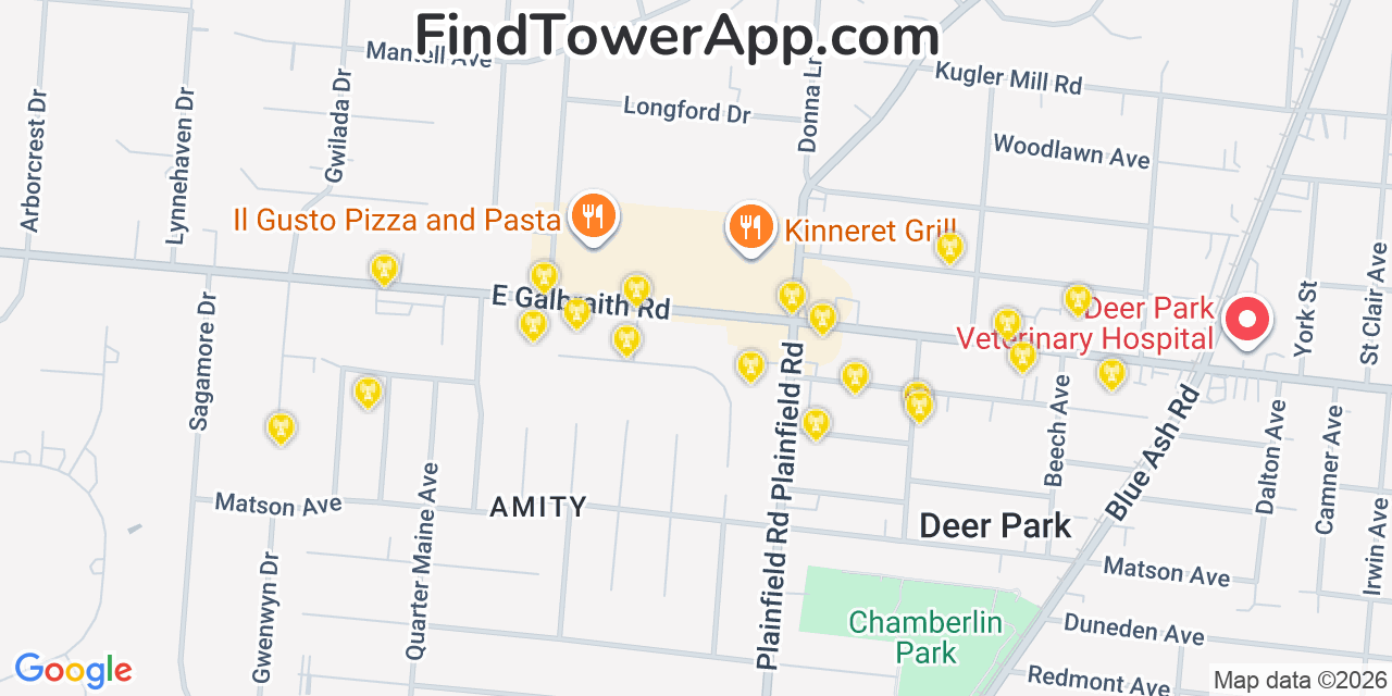 Map showing the 20 primary cell tower locations detected in Dillonvale, Ohio from AT&T, Verizon, and T-Mobile networks