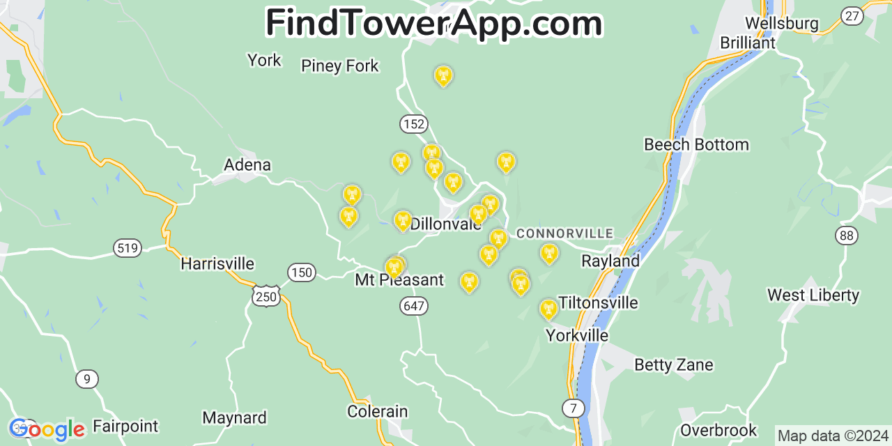 Verizon 4G/5G cell tower coverage map Dillonvale, Ohio