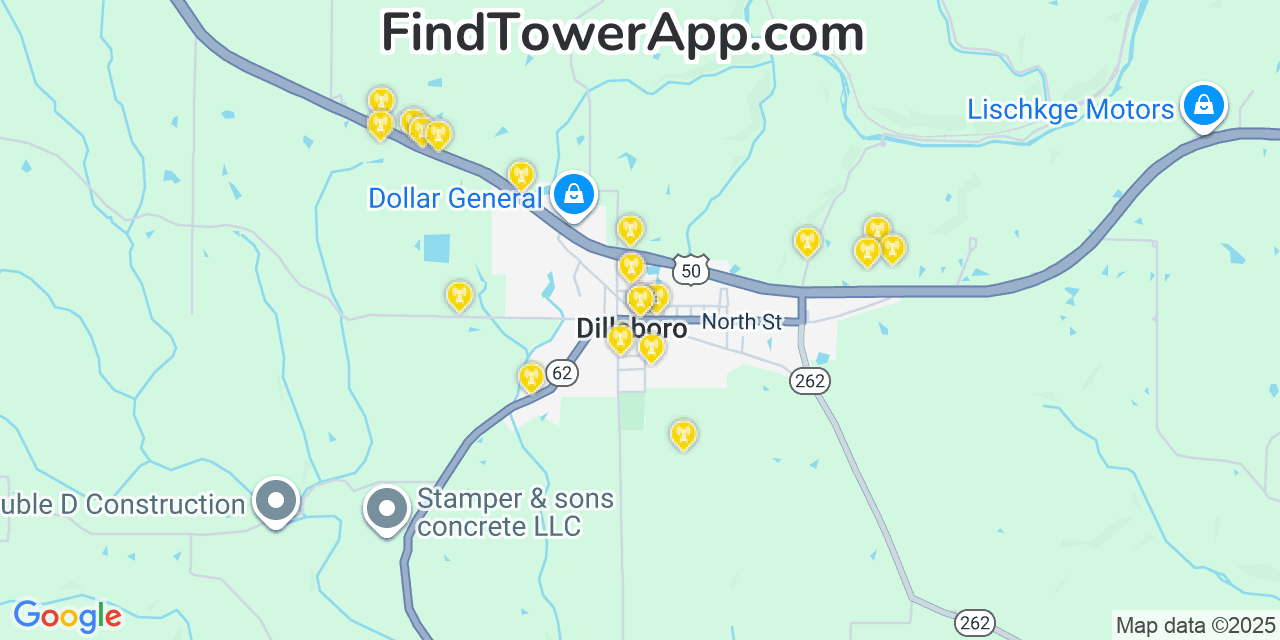 Map showing the 20 primary cell tower locations detected in Dillsboro, Indiana from AT&T, Verizon, and T-Mobile networks