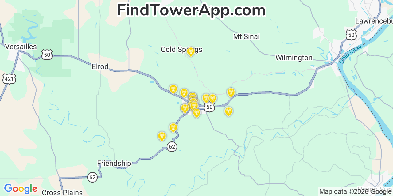 Map showing the 20 primary cell tower locations detected in Dillsboro, Indiana from AT&T, Verizon, and T-Mobile networks