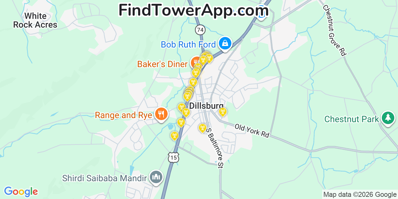 Map showing the 20 primary cell tower locations detected in Dillsburg, Pennsylvania from AT&T, Verizon, and T-Mobile networks