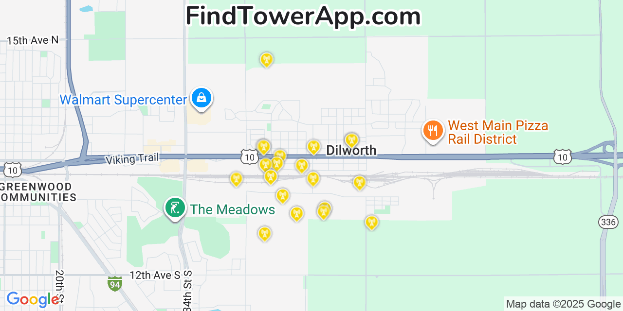 Map showing the 20 primary cell tower locations detected in Dilworth, Minnesota from AT&T, Verizon, and T-Mobile networks