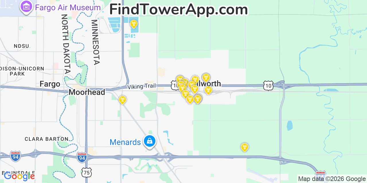 Map showing the 20 primary cell tower locations detected in Dilworth, Minnesota from AT&T, Verizon, and T-Mobile networks