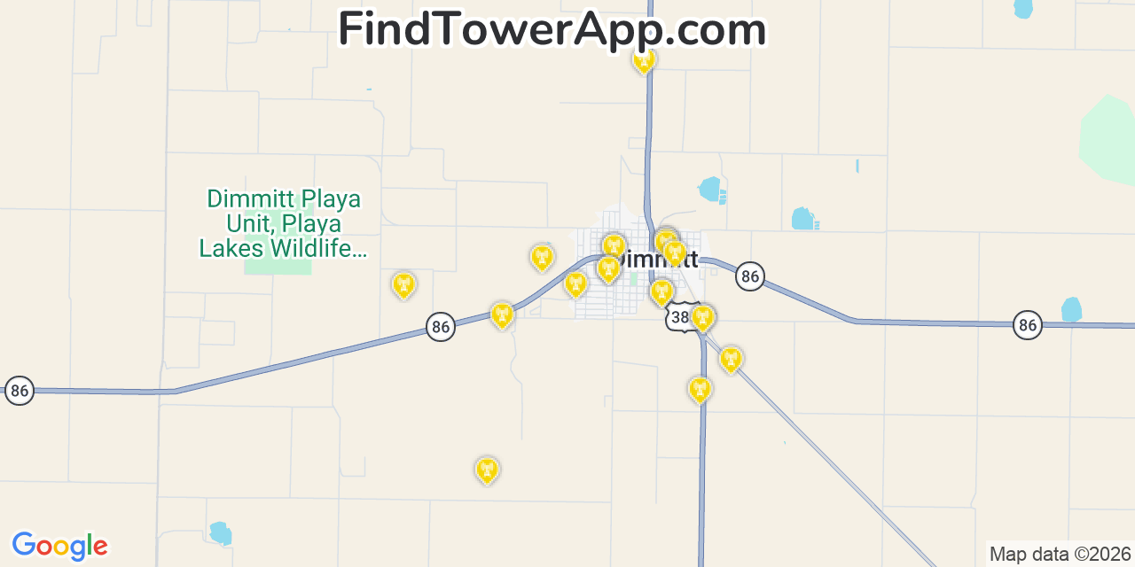 Map showing the 20 primary cell tower locations detected in Dimmitt, Texas from AT&T, Verizon, and T-Mobile networks