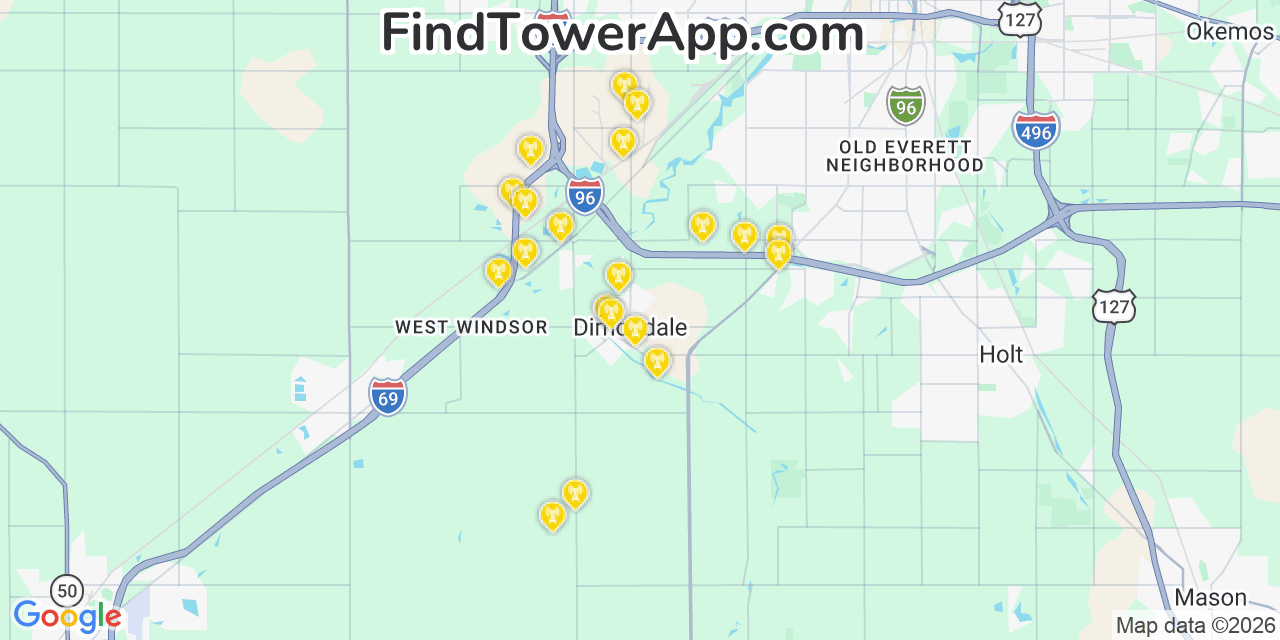 Map showing the 20 primary cell tower locations detected in Dimondale, Michigan from AT&T, Verizon, and T-Mobile networks