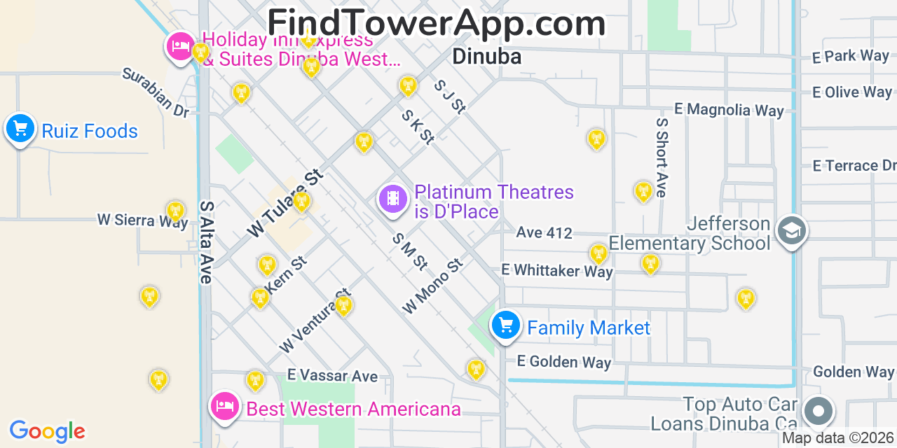 Map showing the 20 primary cell tower locations detected in Dinuba, California from AT&T, Verizon, and T-Mobile networks