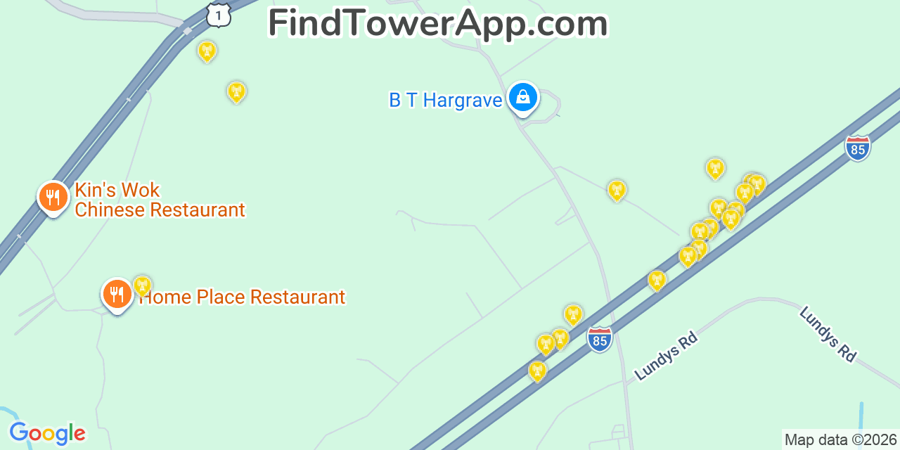 Map showing the 20 primary cell tower locations detected in Dinwiddie, Virginia from AT&T, Verizon, and T-Mobile networks