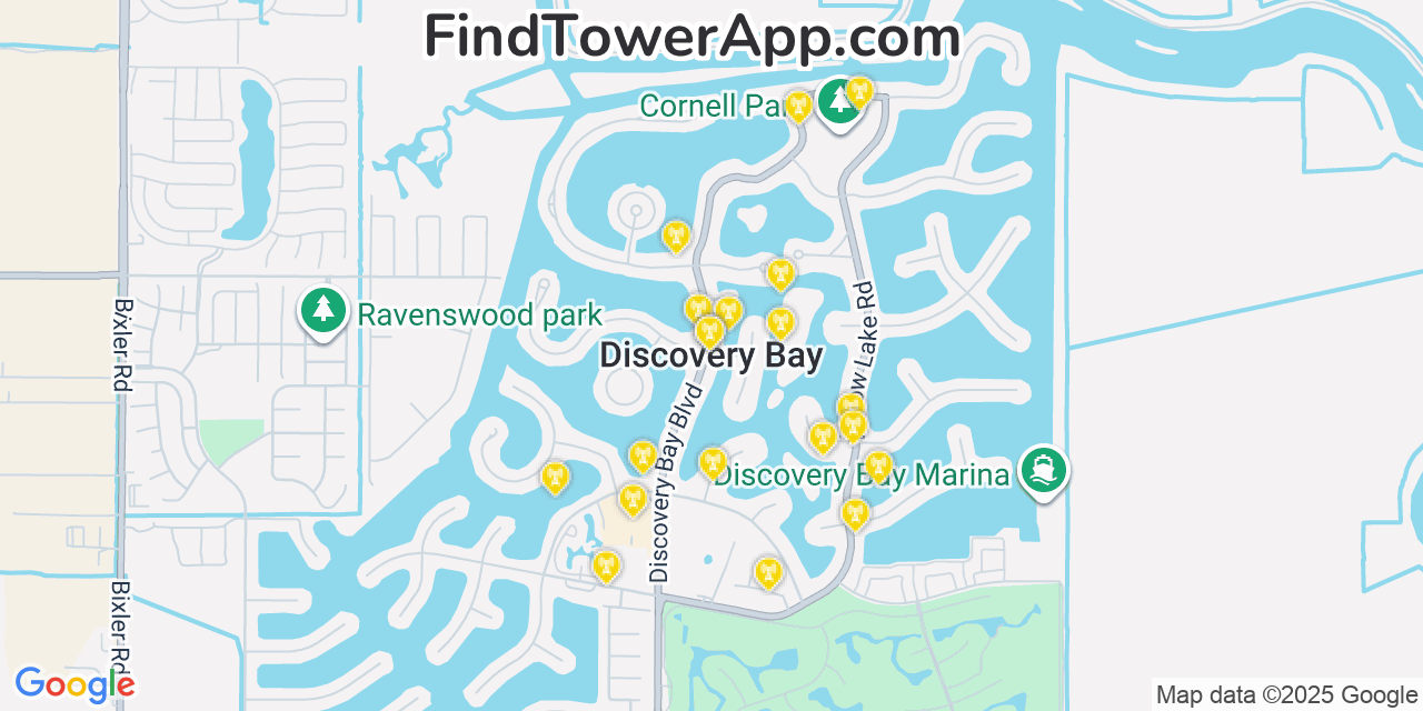 Map showing the 20 primary cell tower locations detected in Discovery Bay, California from AT&T, Verizon, and T-Mobile networks
