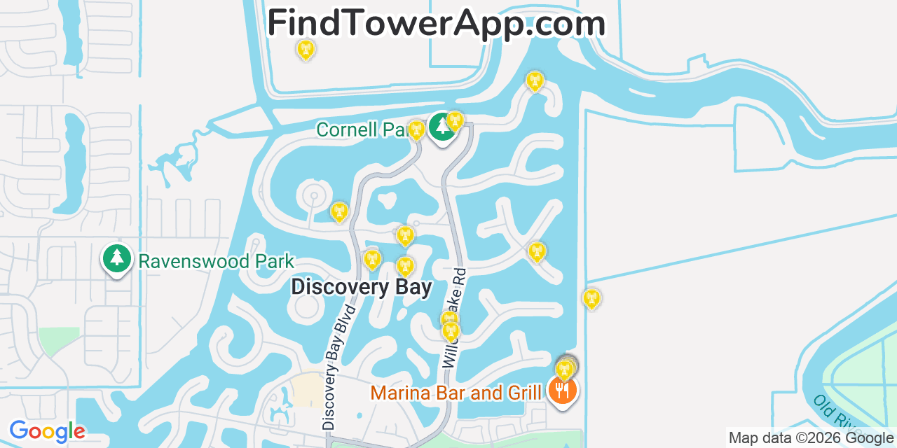 Map showing the 20 primary cell tower locations detected in Discovery Bay, California from AT&T, Verizon, and T-Mobile networks