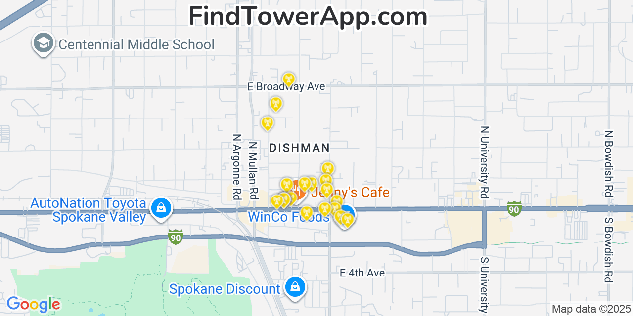 Map showing the 20 primary cell tower locations detected in Dishman, Washington from AT&T, Verizon, and T-Mobile networks