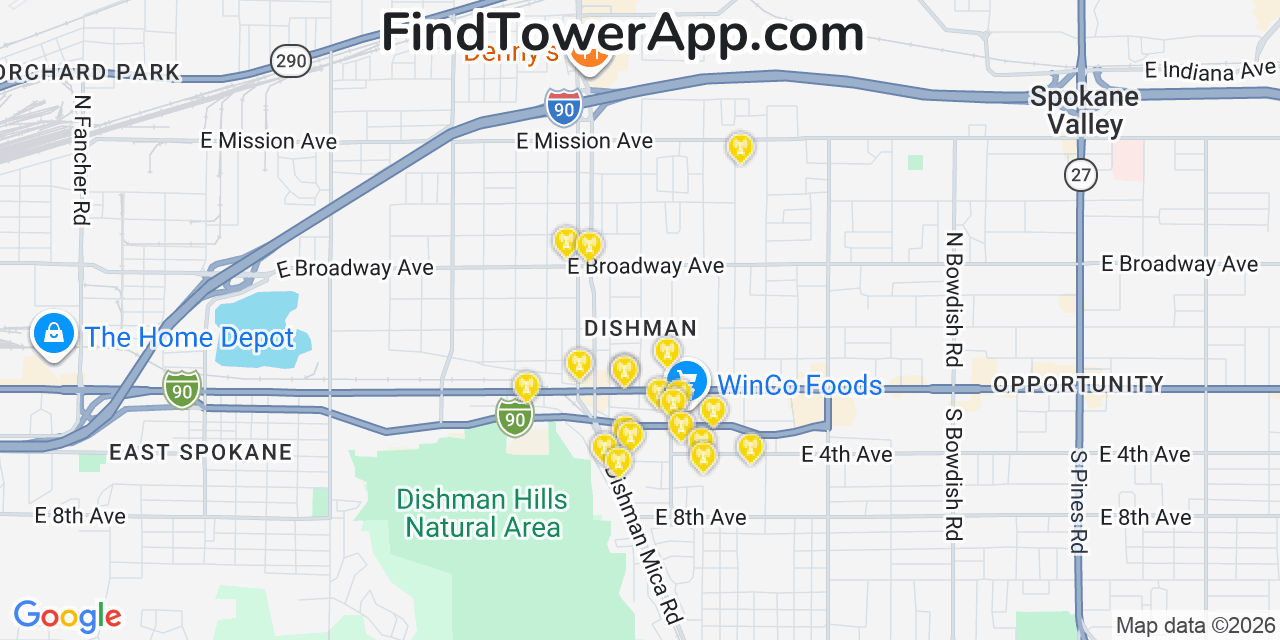 Map showing the 20 primary cell tower locations detected in Dishman, Washington from AT&T, Verizon, and T-Mobile networks