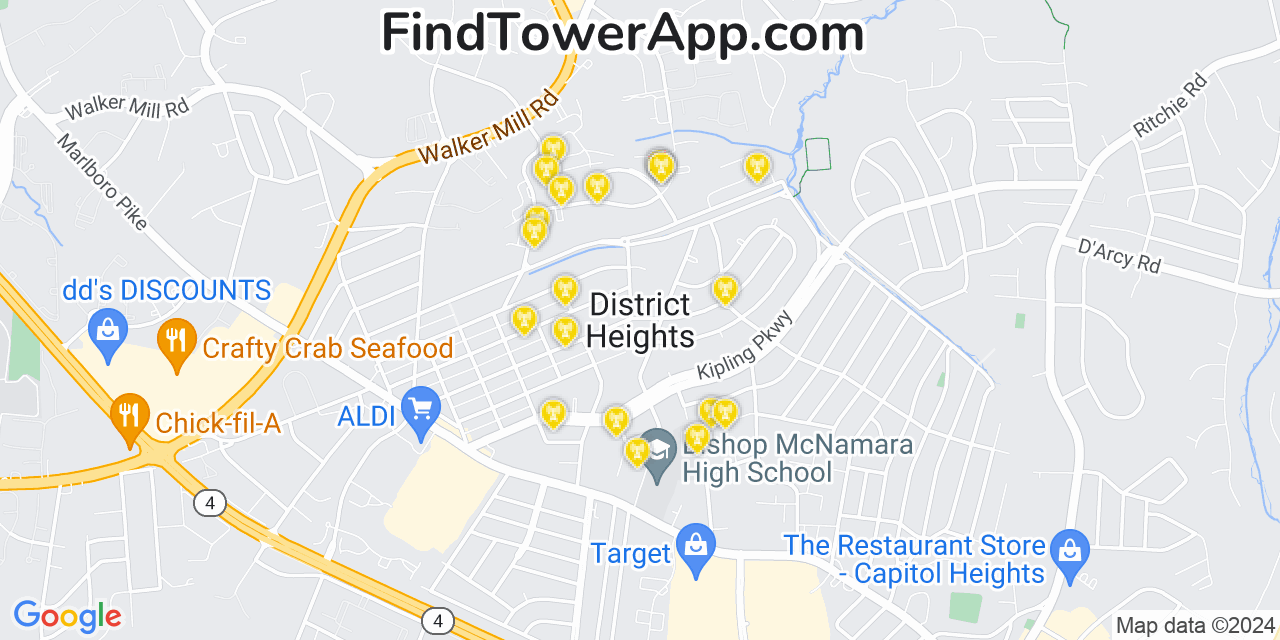 AT&T 4G/5G cell tower coverage map District Heights, Maryland