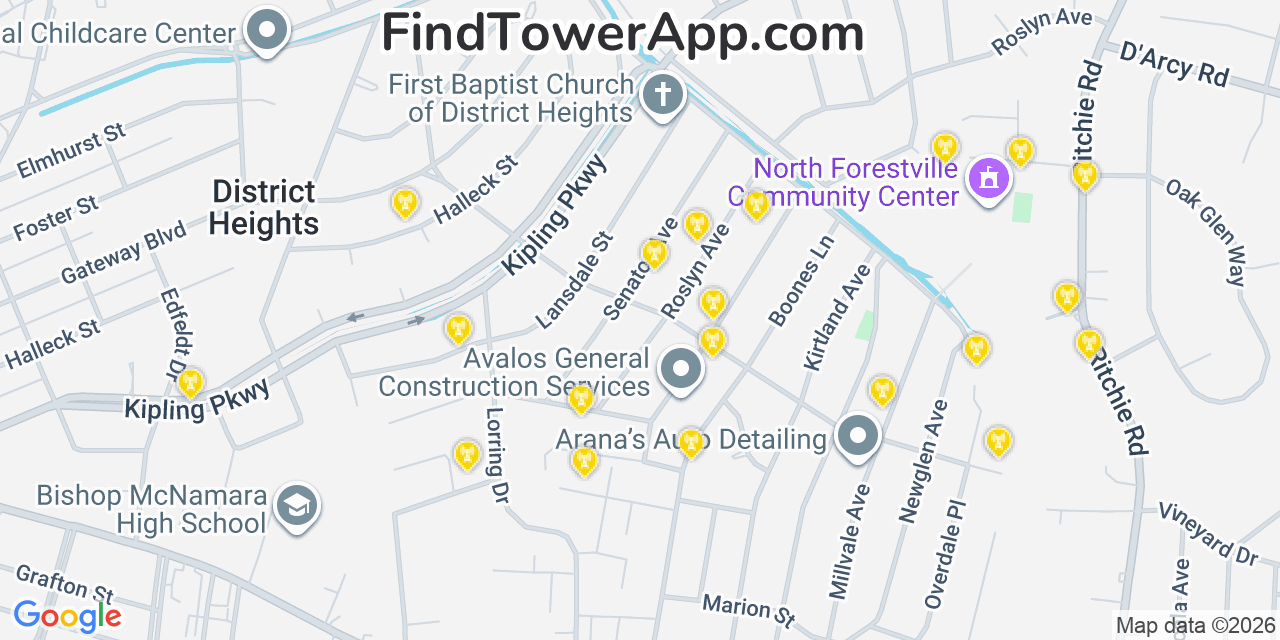 Map showing the 20 primary cell tower locations detected in District Heights, Maryland from AT&T, Verizon, and T-Mobile networks