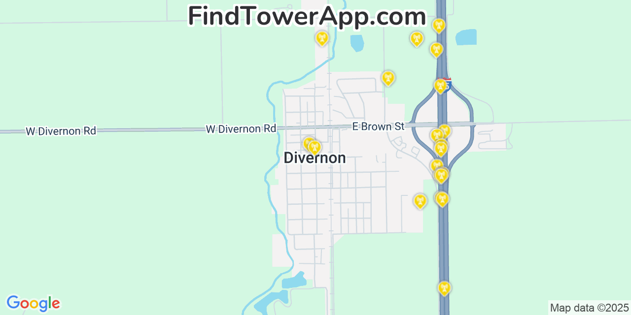 Map showing the 20 primary cell tower locations detected in Divernon, Illinois from AT&T, Verizon, and T-Mobile networks