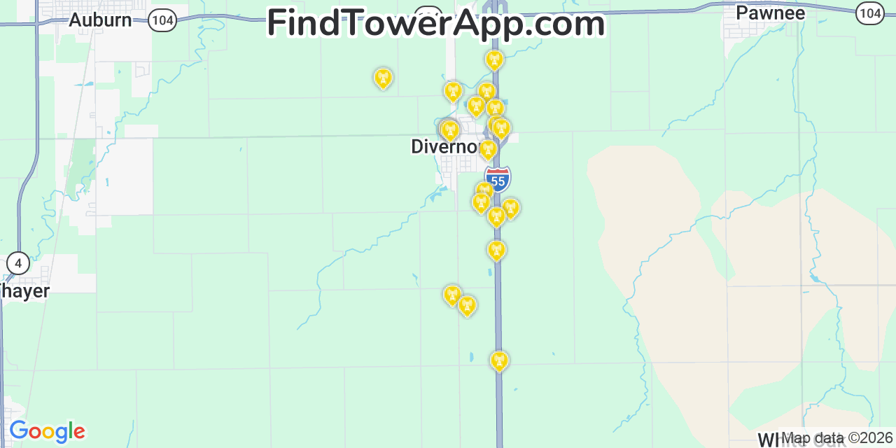 Map showing the 20 primary cell tower locations detected in Divernon, Illinois from AT&T, Verizon, and T-Mobile networks