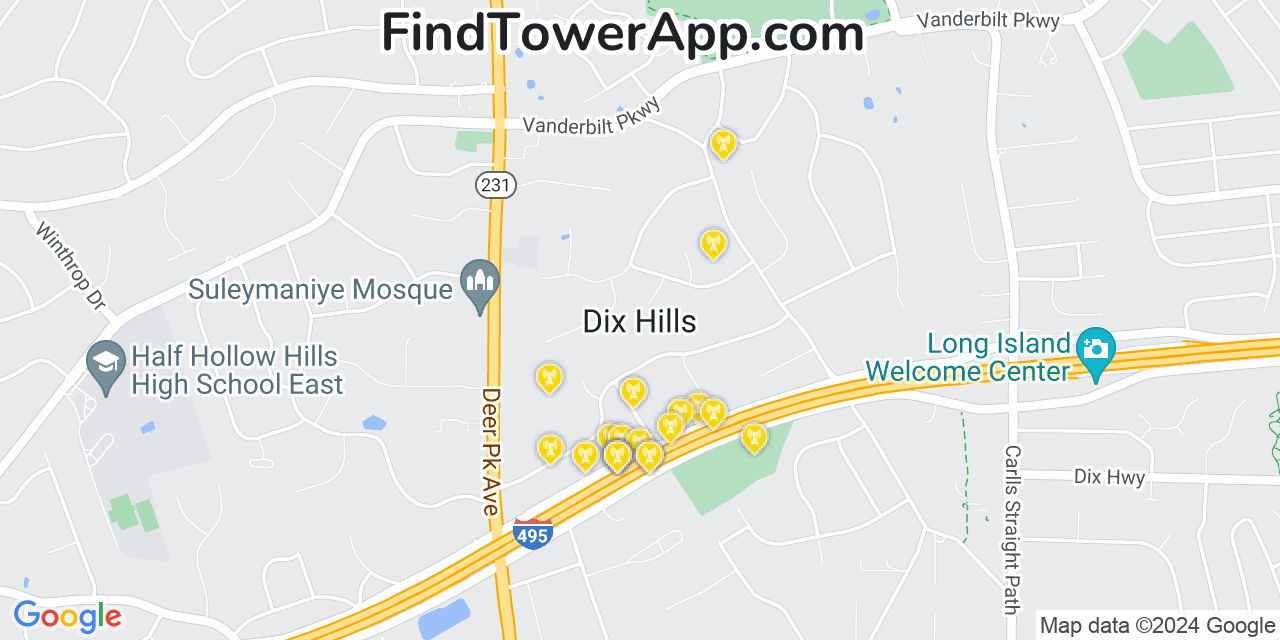 AT&T 4G/5G cell tower coverage map Dix Hills, New York