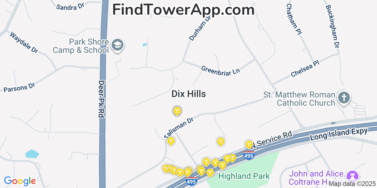 Map showing the 20 primary cell tower locations detected in Dix Hills, New York from AT&T, Verizon, and T-Mobile networks