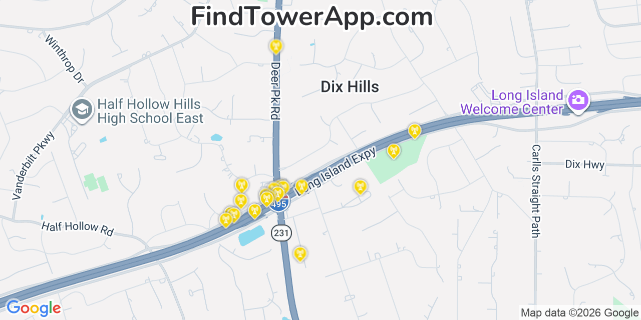 Map showing the 20 primary cell tower locations detected in Dix Hills, New York from AT&T, Verizon, and T-Mobile networks