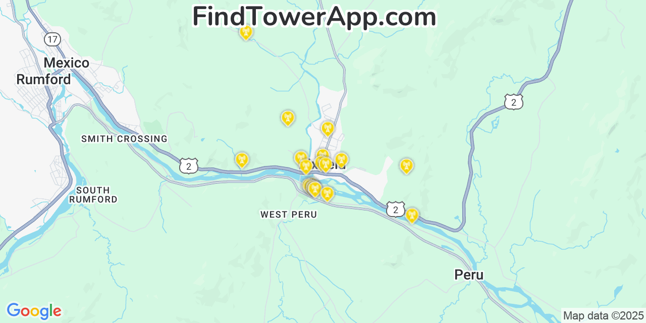 Map showing the 20 primary cell tower locations detected in Dixfield, Maine from AT&T, Verizon, and T-Mobile networks