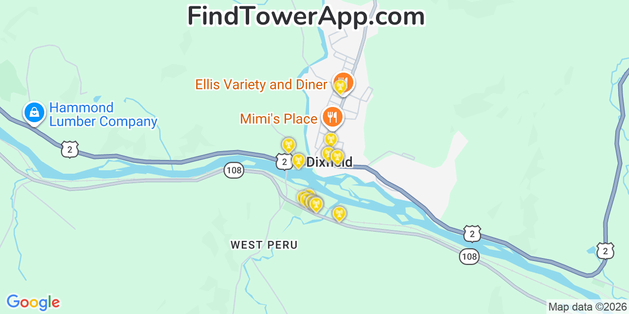 Map showing the 20 primary cell tower locations detected in Dixfield, Maine from AT&T, Verizon, and T-Mobile networks