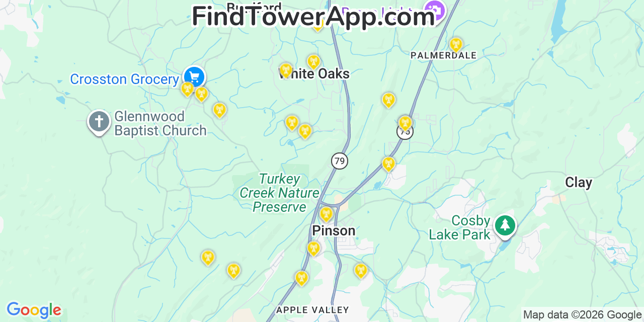 Map showing the 20 primary cell tower locations detected in Dixiana, Alabama from AT&T, Verizon, and T-Mobile networks