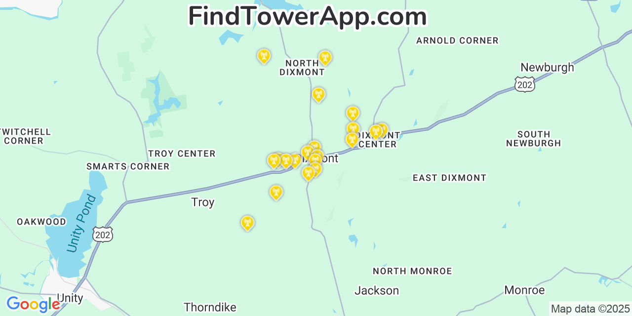 Map showing the 20 primary cell tower locations detected in Dixmont, Maine from AT&T, Verizon, and T-Mobile networks