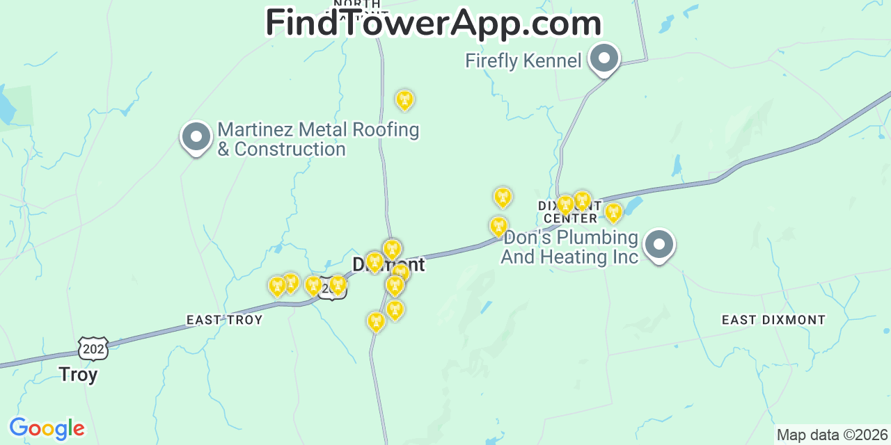Map showing the 20 primary cell tower locations detected in Dixmont, Maine from AT&T, Verizon, and T-Mobile networks