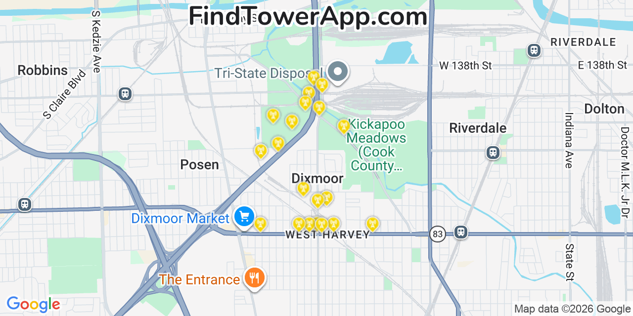 Map showing the 20 primary cell tower locations detected in Dixmoor, Illinois from AT&T, Verizon, and T-Mobile networks