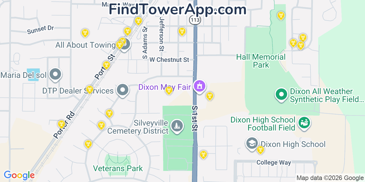 Map showing the 20 primary cell tower locations detected in Dixon, California from AT&T, Verizon, and T-Mobile networks