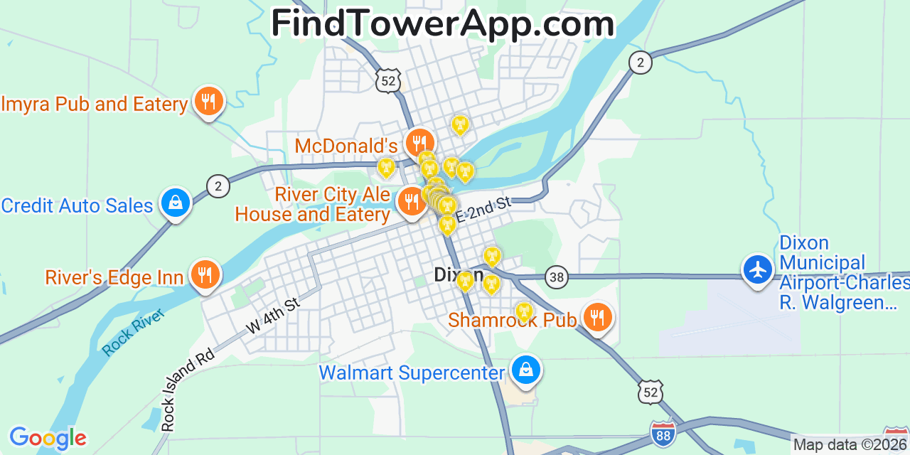 Map showing the 20 primary cell tower locations detected in Dixon, Illinois from AT&T, Verizon, and T-Mobile networks