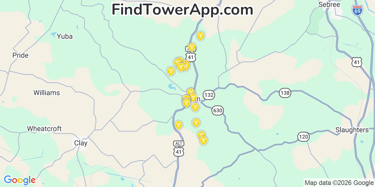 Map showing the 20 primary cell tower locations detected in Dixon, Kentucky from AT&T, Verizon, and T-Mobile networks