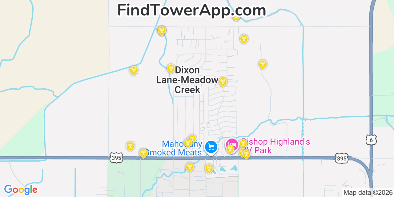 Map showing the 20 primary cell tower locations detected in Dixon Lane Meadow Creek, California from AT&T, Verizon, and T-Mobile networks
