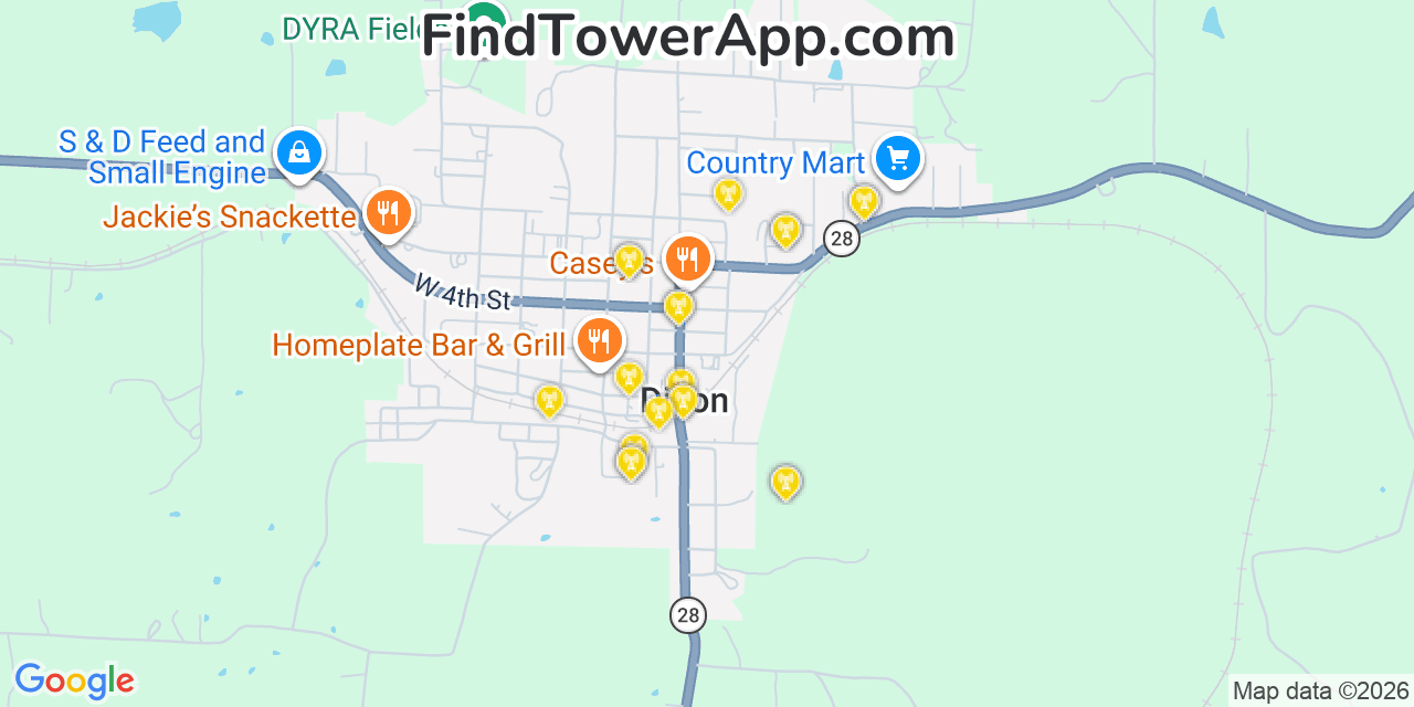 Map showing the 20 primary cell tower locations detected in Dixon, Missouri from AT&T, Verizon, and T-Mobile networks