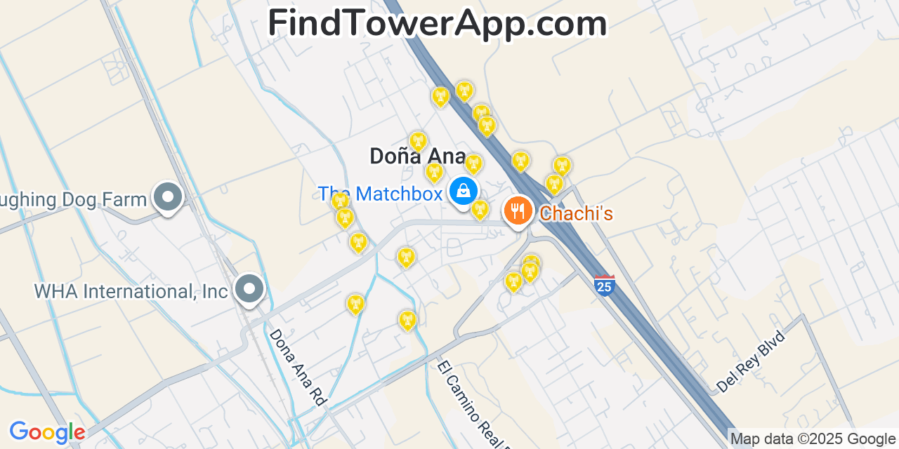 Map showing the 20 primary cell tower locations detected in Doña Ana, New Mexico from AT&T, Verizon, and T-Mobile networks