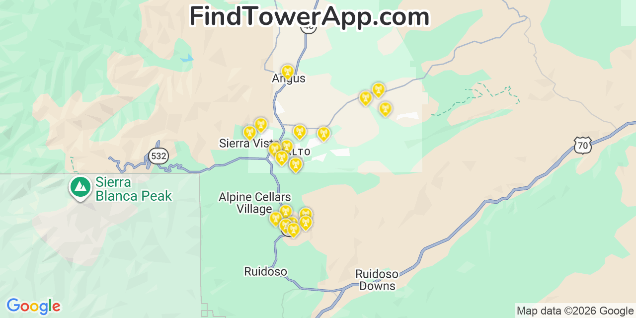 Map showing the 21 primary AT&T cell tower locations detected in Doa Ana, New Mexico with coverage radius and signal strength indicators
