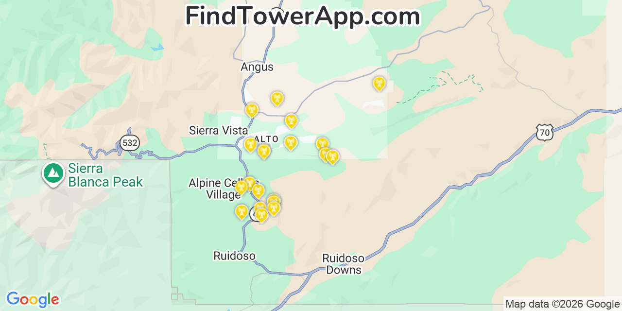 Map showing the 20 primary cell tower locations detected in Doa Ana, New Mexico from AT&T, Verizon, and T-Mobile networks