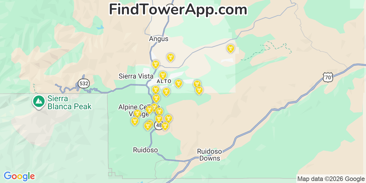 Map showing the 20 primary T-Mobile cell tower locations detected in Doa Ana, New Mexico with coverage radius and signal strength indicators