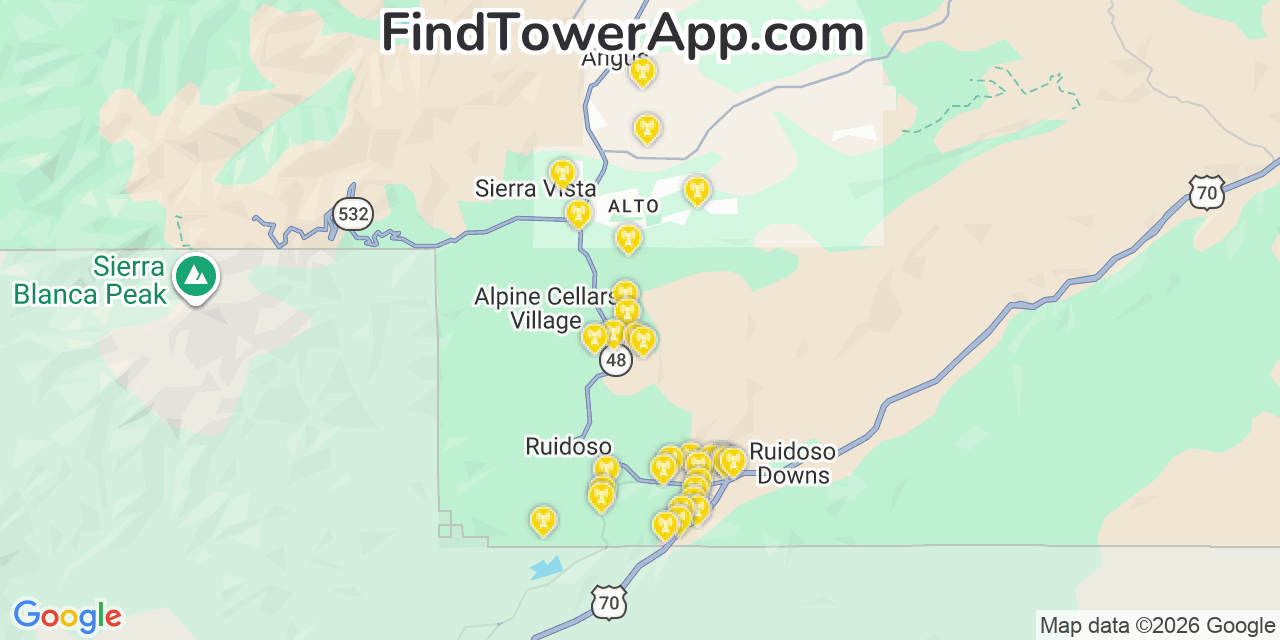 Map showing the 32 primary Verizon cell tower locations detected in Doa Ana, New Mexico with coverage radius and signal strength indicators