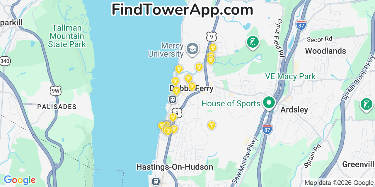 Map showing the 20 primary cell tower locations detected in Dobbs Ferry, New York from AT&T, Verizon, and T-Mobile networks