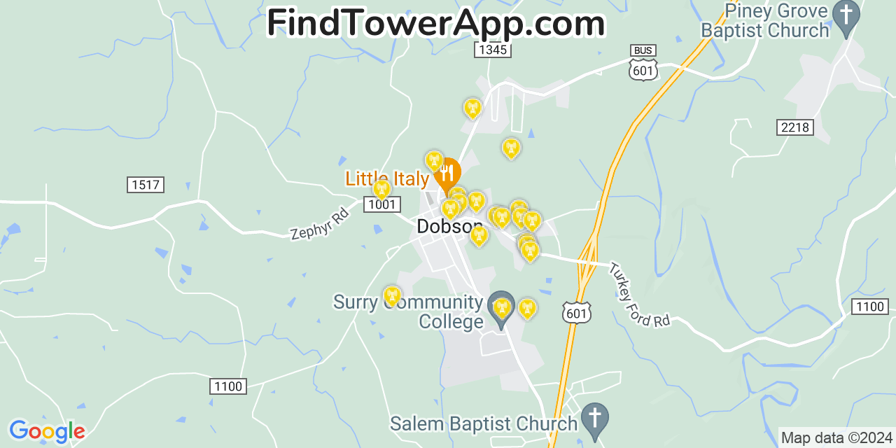 AT&T 4G/5G cell tower coverage map Dobson, North Carolina