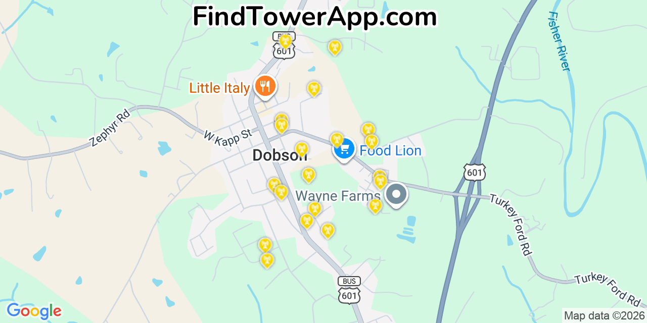 Map showing the 20 primary cell tower locations detected in Dobson, North Carolina from AT&T, Verizon, and T-Mobile networks