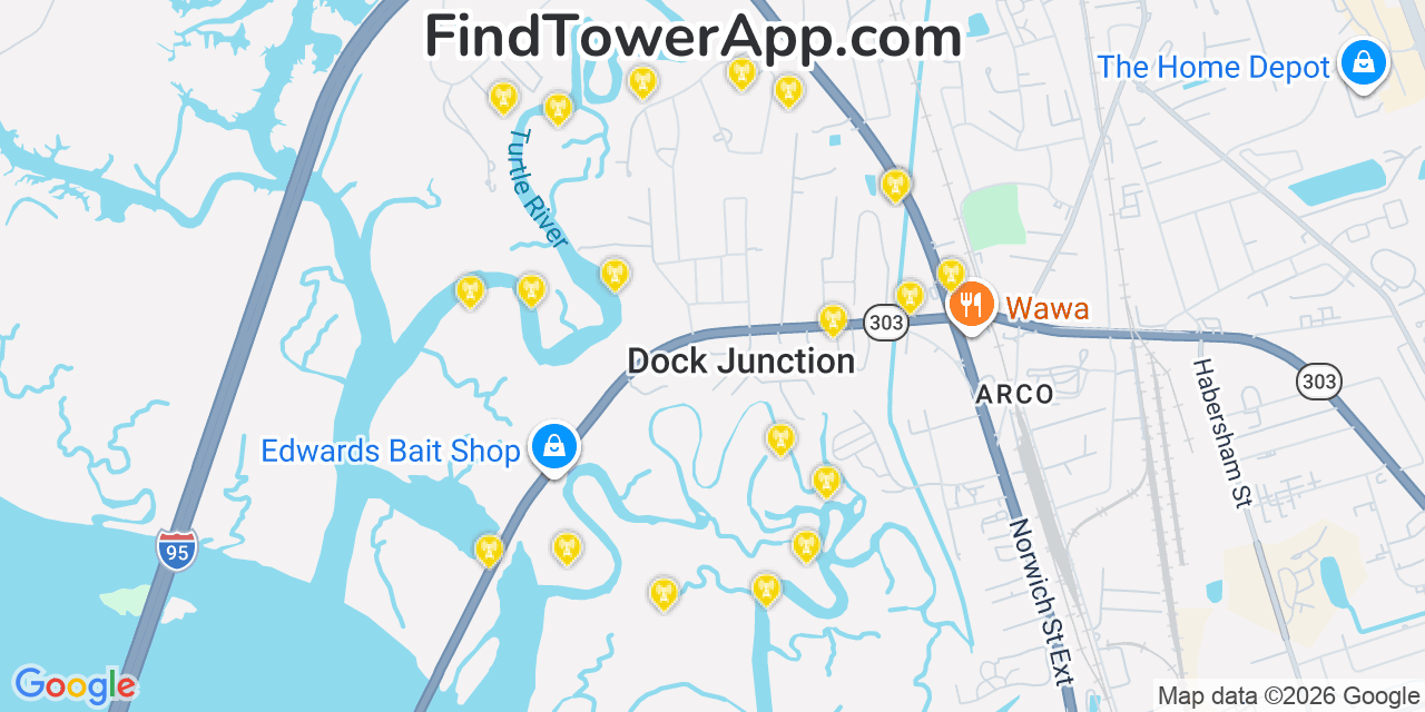 Map showing the 20 primary cell tower locations detected in Dock Junction, Georgia from AT&T, Verizon, and T-Mobile networks