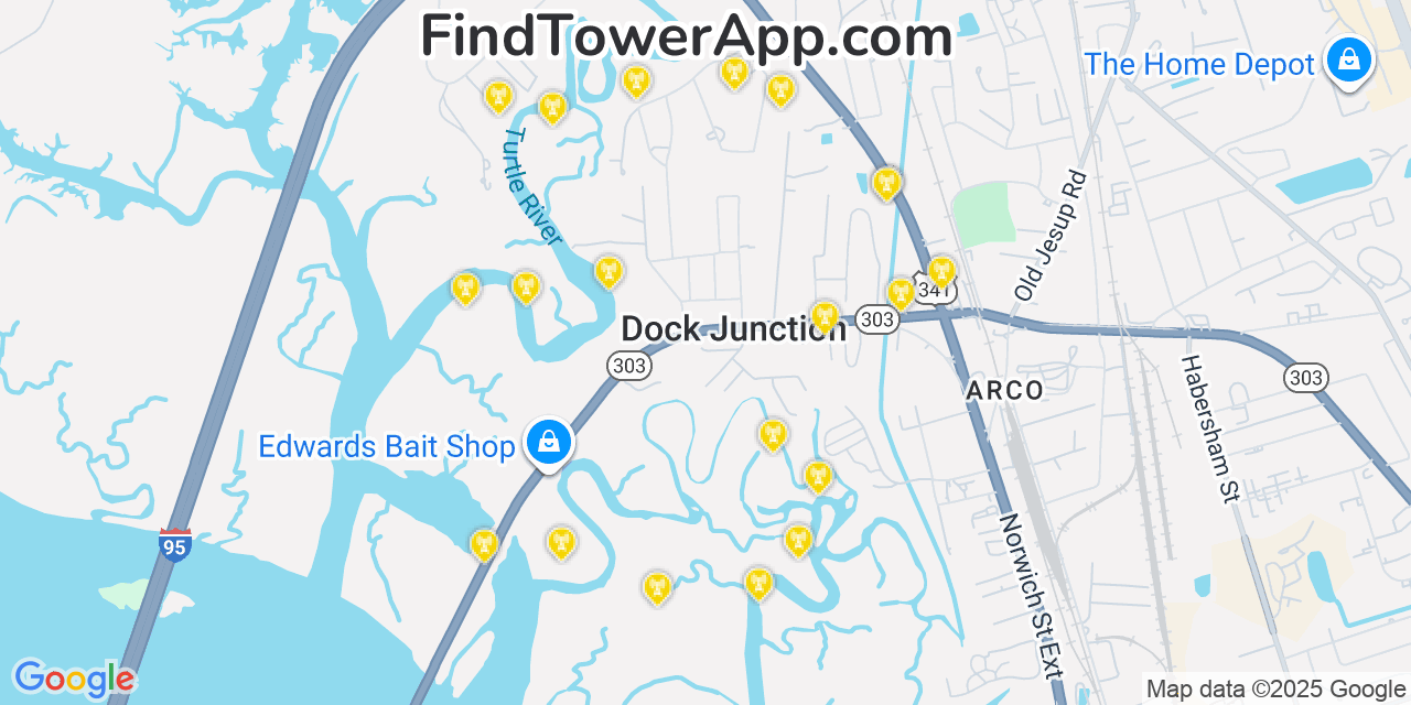 Map showing the 20 primary Mobitel cell tower locations detected in Dock Junction, Georgia with coverage radius and signal strength indicators