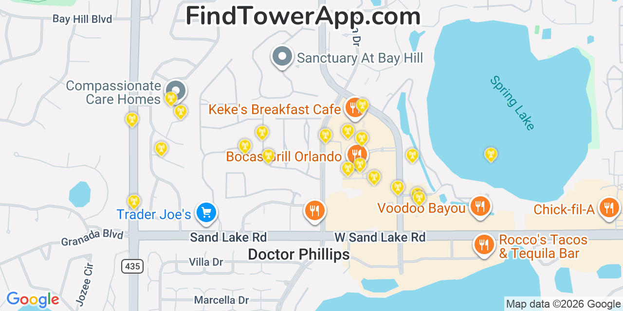 Map showing the 20 primary cell tower locations detected in Doctor Phillips, Florida from AT&T, Verizon, and T-Mobile networks