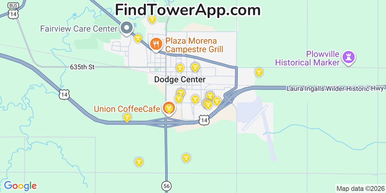 Map showing the 20 primary cell tower locations detected in Dodge Center, Minnesota from AT&T, Verizon, and T-Mobile networks