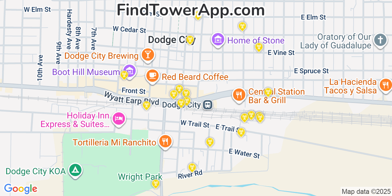 Map showing the 20 primary cell tower locations detected in Dodge City, Kansas from AT&T, Verizon, and T-Mobile networks
