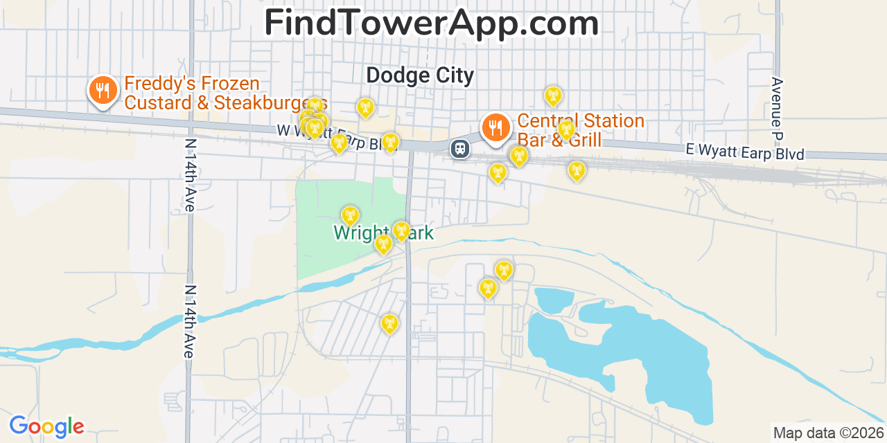 Map showing the 20 primary cell tower locations detected in Dodge City, Kansas from AT&T, Verizon, and T-Mobile networks